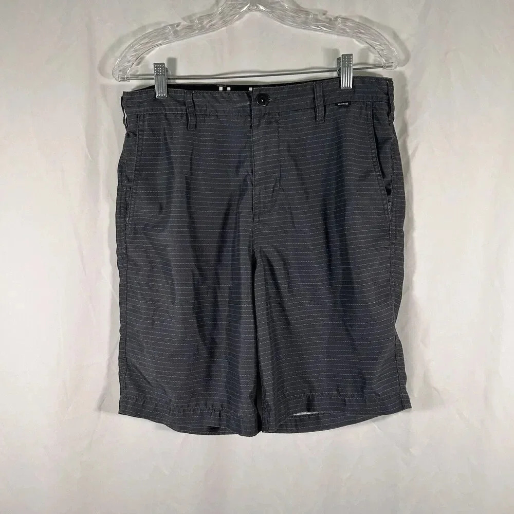 Hurley Trunks Men's 30 Black Grey Striped Pockets Board Shorts Button Zip